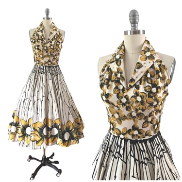 50s Floral Border Print Halter Sun Dress / 1950s Vintage Cotton Novelty Print Dress / Small / Size 4 