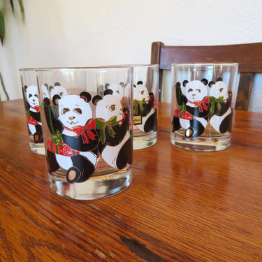 Vintage Culver Lowball Glasses Christmas Pandas 22k Gold Accent NOS Box of 4 