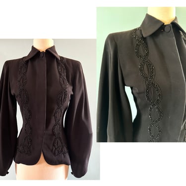 Stunning Vintage 1940s Beaded Black Gabardine Jacket with Lantern Sleeves --  Size Small 