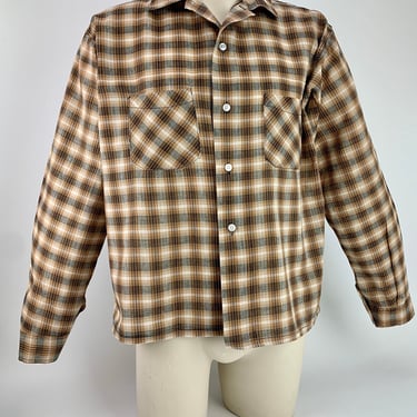 Early 60's Plaid Shirt - Summer Weight Cotton - WASH'n WEAR - Brown Plaid with Black & Beige - Men's Size Large 
