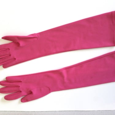 Vintage 50's 60s Barbie Pink Hot Super Long 17 inch Gloves  // Size One Size Easy Fit Cotton Blend 