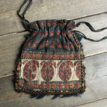 1850s Wool Paisley Textile Bag, French, Boteh, Persian, Period Clothing, Collectable 