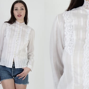 Classic White Lace Victorian Blouse / Vintage 70s Country Ruffle Top / Sheer Floral Pin Stripe Peasant Blouse 