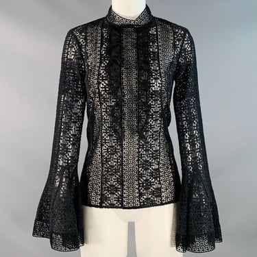 OSCAR DE LA RENTA Size 2 Black Cotton Lace Mock Neck Bell Sleeves Blouse