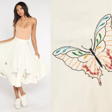 1960s Butterfly Skirt White Embroidered Skirt 60s Hippie Boho High Waisted Circle Skirt Pin Up Midi Vintage Bohemian High Waist Small 