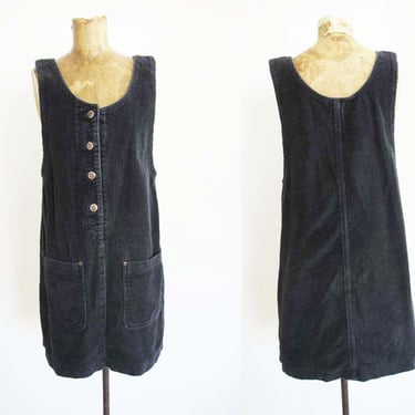 90s Black Corduroy Sheath Shift Dress S - Vintage 1990s Cord Overall Mini Dress 