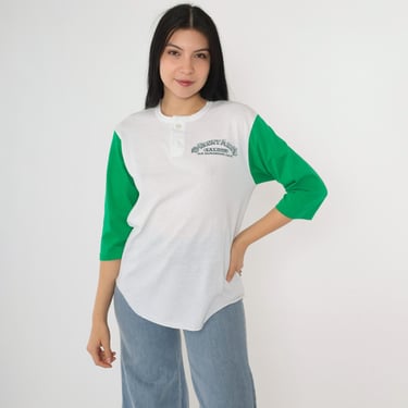 Vintage 80s Baseball T-Shirt Fanny Ann's Saloon Henley Tshirt Old Sacramento Green White Color Block Long 3/4 Sleeve Button Up 1980s Small 