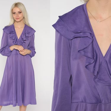 Purple Midi Dress 70s Faux Wrap Dress Sheer Boho Chic Long Sleeve Ruffled V Neck Bohemian High Waist Secretary Dress Vintage 1970s Medium M 