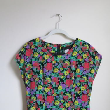 80s Bright Floral Dress M L 37 Bust 32 Waist 