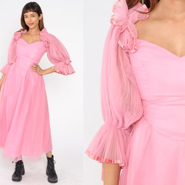 80s Pink Prom Dress Princess Party Dress Sheer Pleated Balloon Sleeve Dress Basque Waist Sweetheart Neck 1980s Vintage Formal Extra Small xs 
