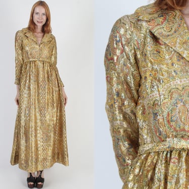 60s Gold Metallic Lounge Dress, Vintage Belted Shiny Cocktail Party Outfit, Cocktail Avant Garde Glamourous Maxi Dress 