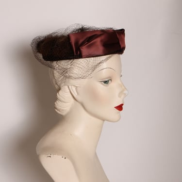 1950s Brown and Black Satin Bow, Mink Fur and Black Velvet Open Top Formal Veil Hat 