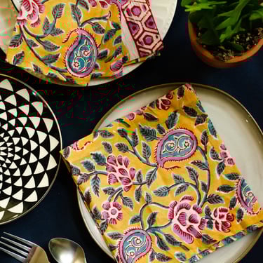 Set of 4 - 17" Hand Block Print Cotton Dinner Napkins,Reusable Kitchen Hand Towels, Eco-friendly Hand Towels,Sustainable Living 