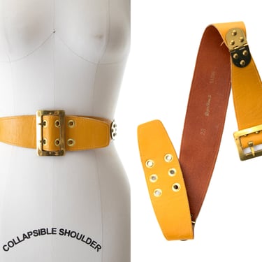 Vintage 1950s Cinch Belt | 50s Mustard Yellow Leather Brass Hinge High Waisted Belt (small/medium) 