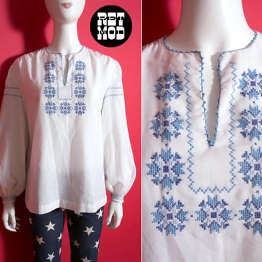 So Pretty Vintage 70s White Hippie Blouse with Light Blue Cross-stitch Embroidery 