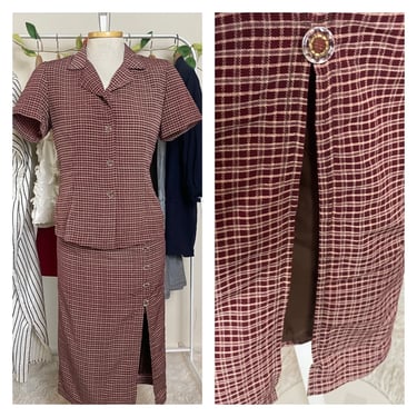 Vintage 1990s Plaid Skirt Suit - 2-Piece Set with Clear Buttons & High Split - Size Medium 