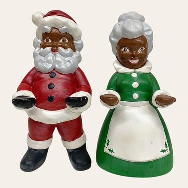 Vintage Black Santa and Mrs. Claus Statues Retro 1970s Mid Century Modern + Christmas Decor + Ceramic + Hand Painted + Set of 2 + Figurines 