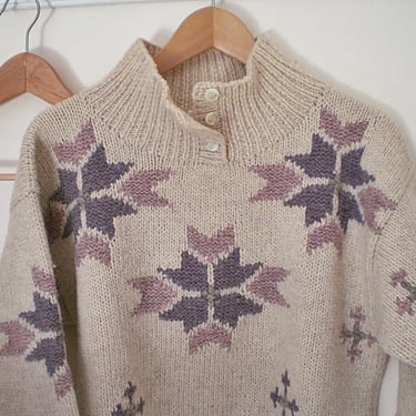 Winter pullover sweater. Warm, bulky knit wool mock turtleneck buttoned neck. Oatmeal ragg w/ Nordic snowflakes. Vintage 80s women's fashion 
