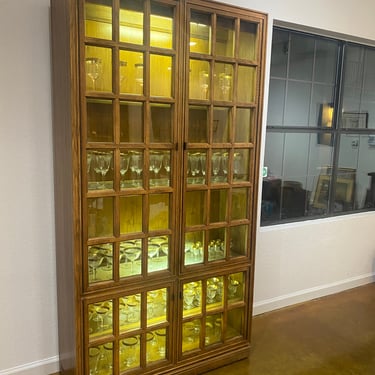 C. 1970s Mid Century Modern Tall Lighted Cabinet with Inset Glass Shelves and Front Glass Doors 