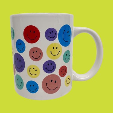 Vintage Smiley Face Mug Retro 1990s Contemporary + White Porcelain + Rainbow Design + Smiles + Modern Kitchen + Drinking + Coffee and Tea 