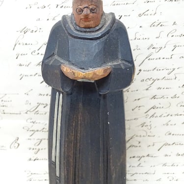 Antique German Hand Carved Hand Painted Wood Figure of Priest Monk,  Saint Santos, Vintage Religious Folk Art Germany 