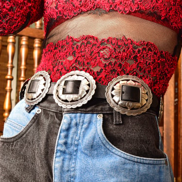 VINTAGE 1993 - Navajo Silver & black Leather Concho unisex Belt VINTAGE 1993 - Navajo Silver & black Leather Concho unisex Belt main image 3