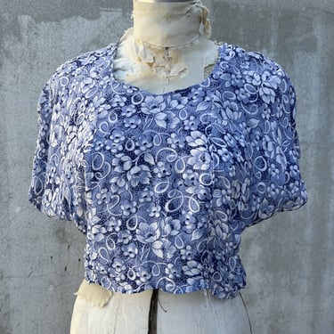 Vintage 1930s 1940s Blue Rayon Floral Print Blouse Shirt Dress Top Cropped