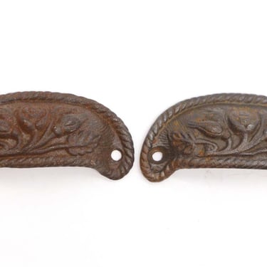 Pair of Antique 4 in. Cast Iron Floral Bin Drawer Pulls