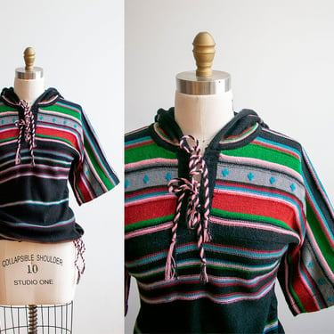 Black 70s Hooded Sweatshirt / Vintage Knit Hooded Pullover / 1970s Hooded Pullover / Vintage 70s Hooded Sweater / 70s  Bell Sleeve Sweater 