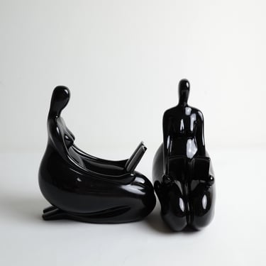 Vintage Siléa Black Figurative Bookends – Seated Women Reading – French Mid-Century Modern Style –Wooden Sculptural Book Holders 