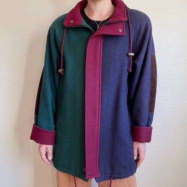 Vintage Womens 80s Jofeld Wool Color Block Suede Elbow Patch Mid Length Coat 