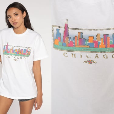 Chicago T Shirt Y2K Metallic Cityscape Graphic Illinois TShirt Vintage 00s Shirt Travel Print Tourist Tee Souvenir Retro Medium 