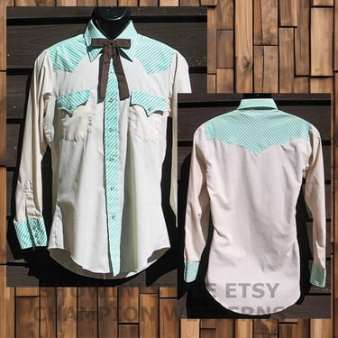 Champion Westerns Vintage Men's Cowboy Shirt, Rodeo Shirt, Ivory with Two Tone Green Striped Yokes, Approx. Medium (see meas. photo) 