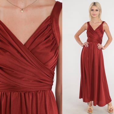 70s Maxi Dress Rust Red Grecian Gown Bohemian 1970s Boho Deep V Neck Sexy Formal Wrap Long Tank Strap Disco Vintage Flowing Sexy Small S 