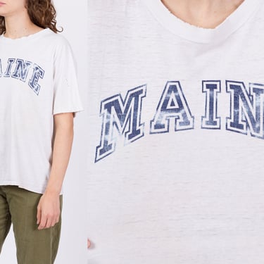 Vintage University Of Maine Distressed T Shirt - Men's Large, Women's XL | 80s 90s White College Graphic Tee 