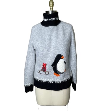 Talbots Petite Angora Wool Christmas Turtleneck Sweater Penguin Size M 