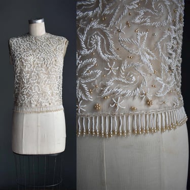 1950s 1960s Beaded Evening Top / Vintage Sheer Mesh White Beaded Blouse / Cream Beaded Evening Top Small 