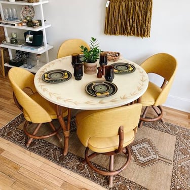Mid Century Resin + Rattan Game Table and Chairs