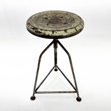 Vintage Industrial Steel & Wood Tripod Stool with Original Patina, 1950's 