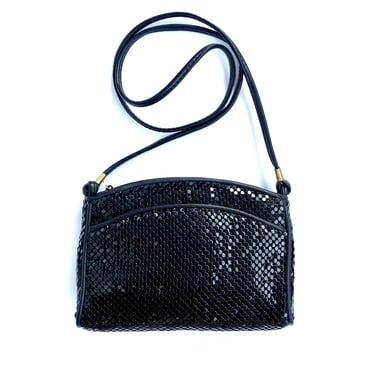 Vintage Whiting and Davis Metallic Mesh Black Bag 80s Shoulder Bag Black Shiny Purse 