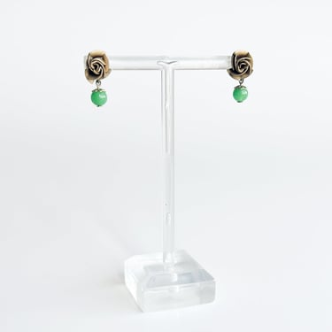 Gold Rose and Green Bead Stud Earrings