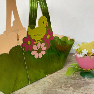 Vintage Cardboard Easter Basket With Matching Plastic Chick In Pink Egg, Easter Decor, Green And Pink, Folding Handle 