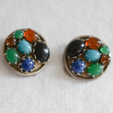 1960s Cabochon Stones Circle Clip Earrings 