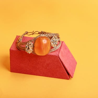 Vintage 80s Silver Tone Orange Amber Stone Wrapped Floral Accent Bracelet 