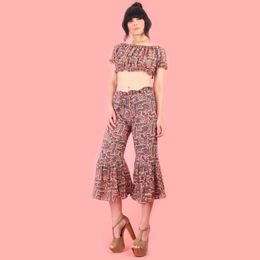 ViNtAgE 60's 70's India Cotton Block Print 2 Piece Set // Ruffled Kick Flares + Crop Top HiPPiE sz.S 