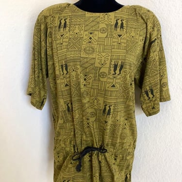 Olive Green vintage top,  Abstract Drawstring top, Michael Carrie,  Native Hieroglyphics, Retro Top 