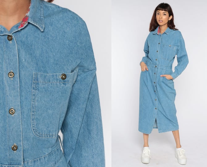 90s Denim Midi Dress Blue Jean Shirtdress Button Up High Waisted Collared 1990s Grunge Normcore Vintage Retro Long Sleeve Pocket Large L 