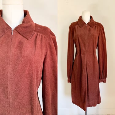 Vintage 1970s Brown Velour Zip Front Dress / L 