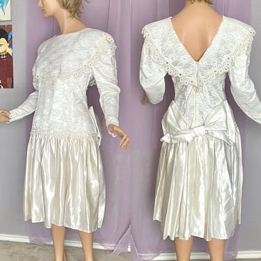 Tea Length Lace Wedding Dress, Satin Big Bow, Dropped Waist, Bridal Brunch, Vintage 80s 