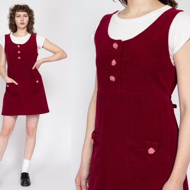 Medium 70s 80s Red Corduroy Rose Button Mini Dress | Vintage Grunge Sleeveless Pinafore Dress 
